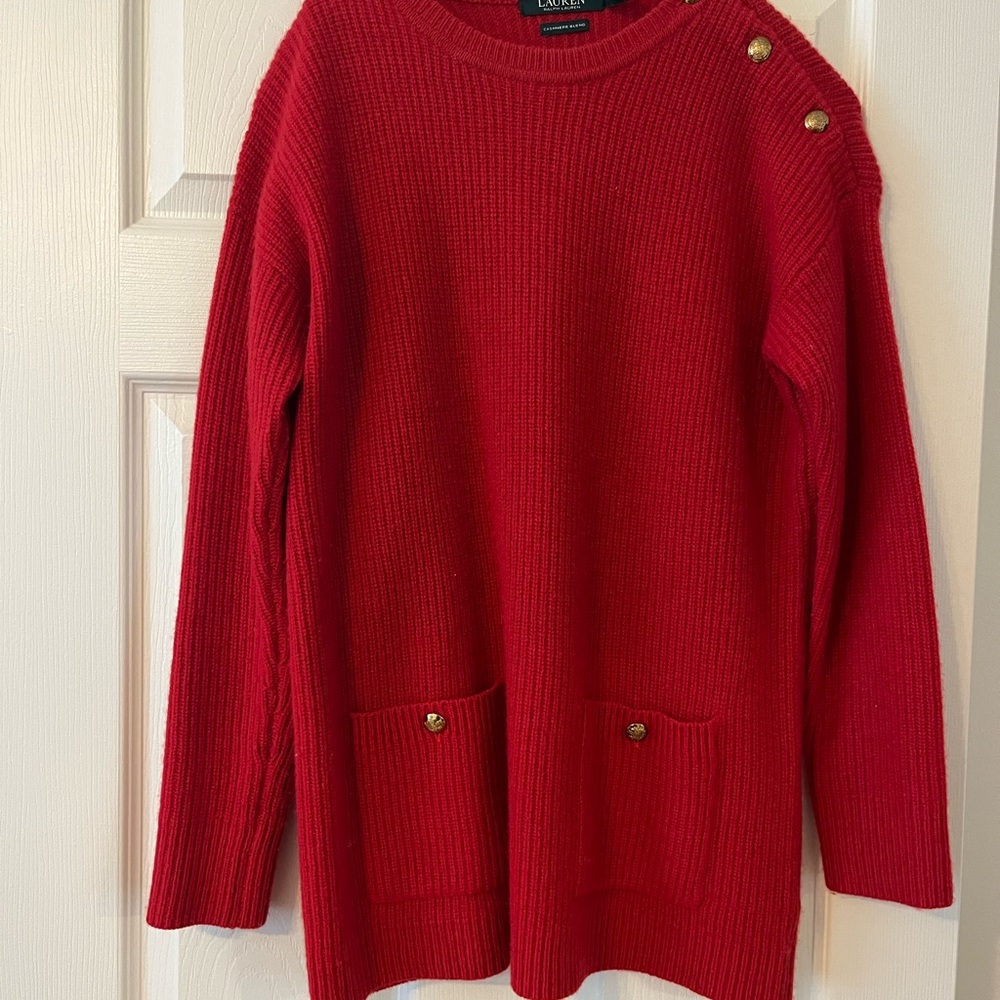 Ralph Lauren cashmere blend beautiful and warm red sweater. Very comfortable.